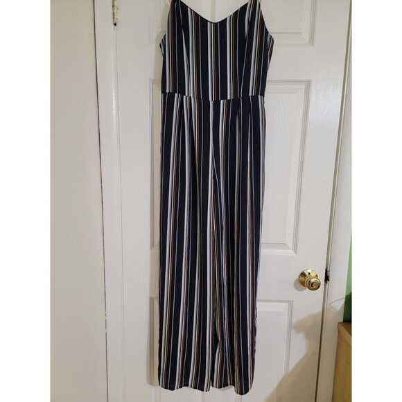 Monteau Los Angeles Women's‎ Navy Stripe Wide Leg Jumpsuit Spaghetti Straps XL - Picture 1 of 13